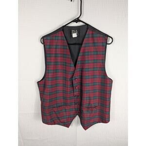 Jos A Bank M Silk Plaid Formal Vest Mens Medium Red Green Tartan Made USA